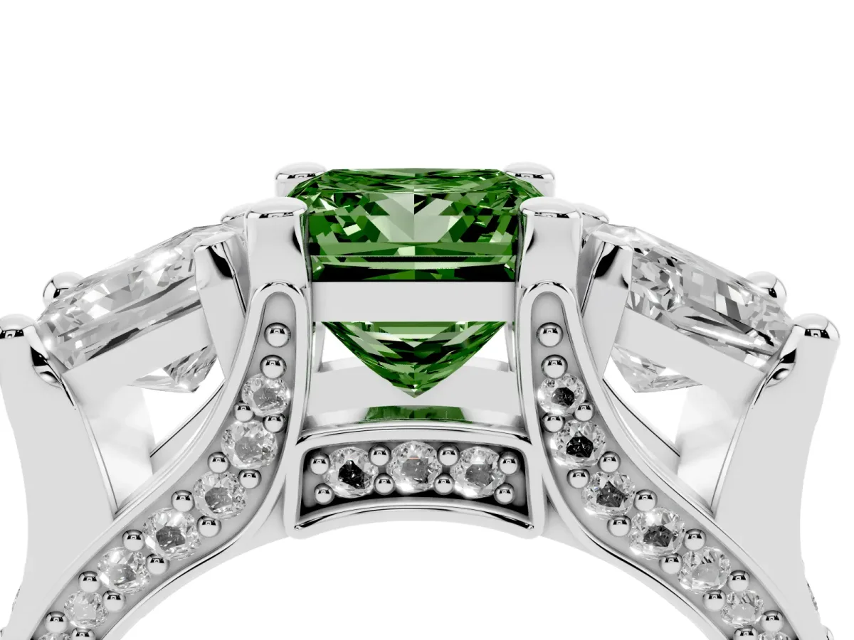 Fancy Green Princess Cut Diamond Three-Stone Ring with Channel Set Band and Four-Prong Setting Silver