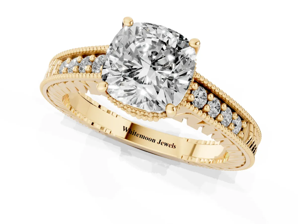 Cushion Cut Solitaire Pavé Diamond Milgrain Engagement Ring with Four-Prong Setting Yellow gold