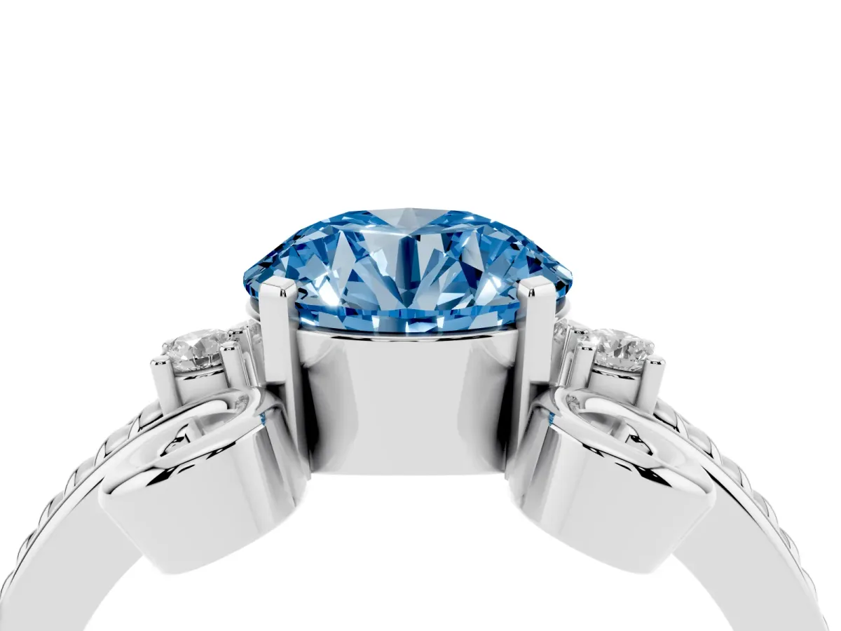 Fancy Blue Round Cut Solitaire Twisted Band Scroll Prong Ring Platinum