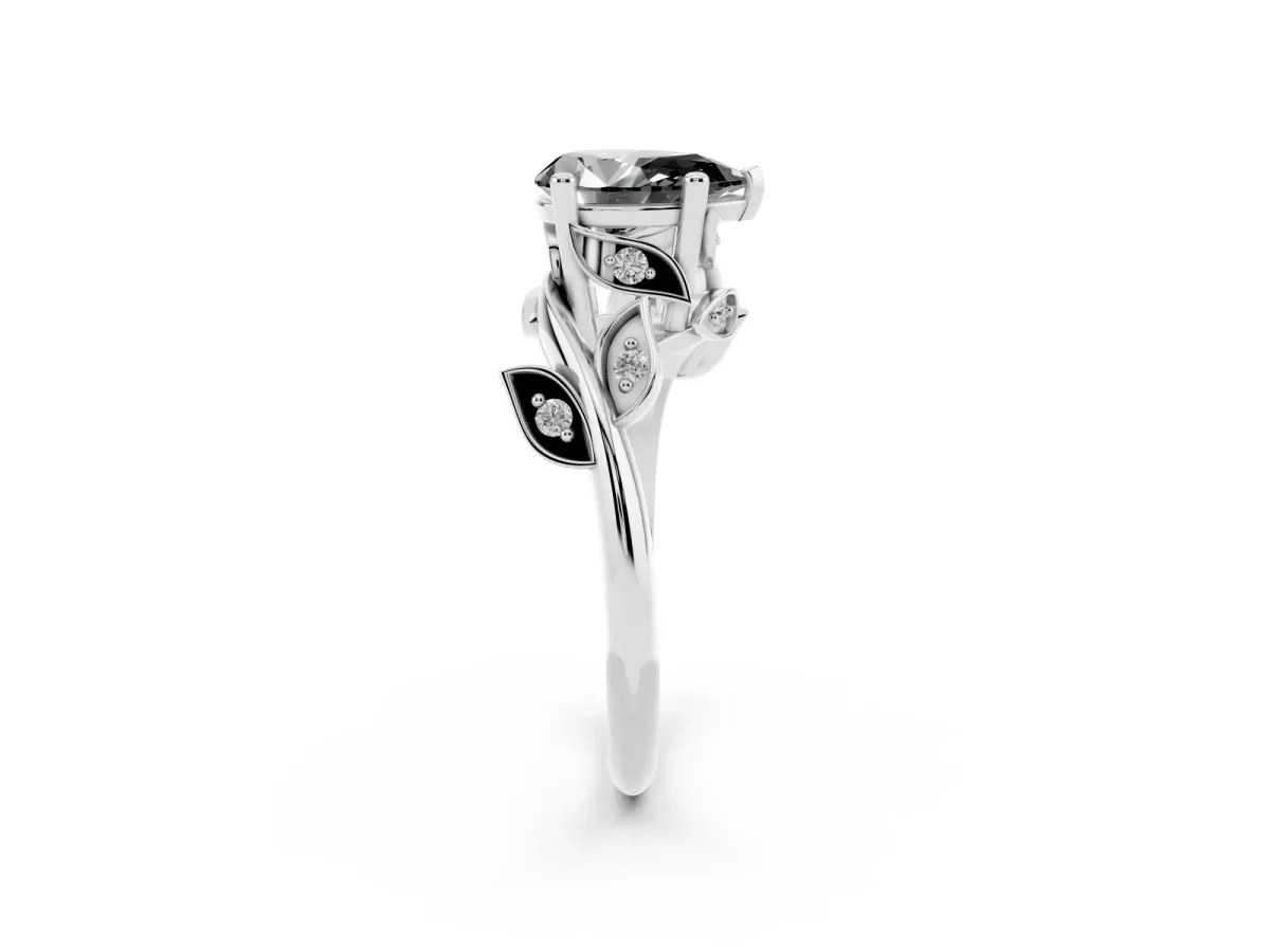 Fancy Black Pear Cut Solitaire Twist Engagement Ring with Leaf Accents and Prong Setting Silver