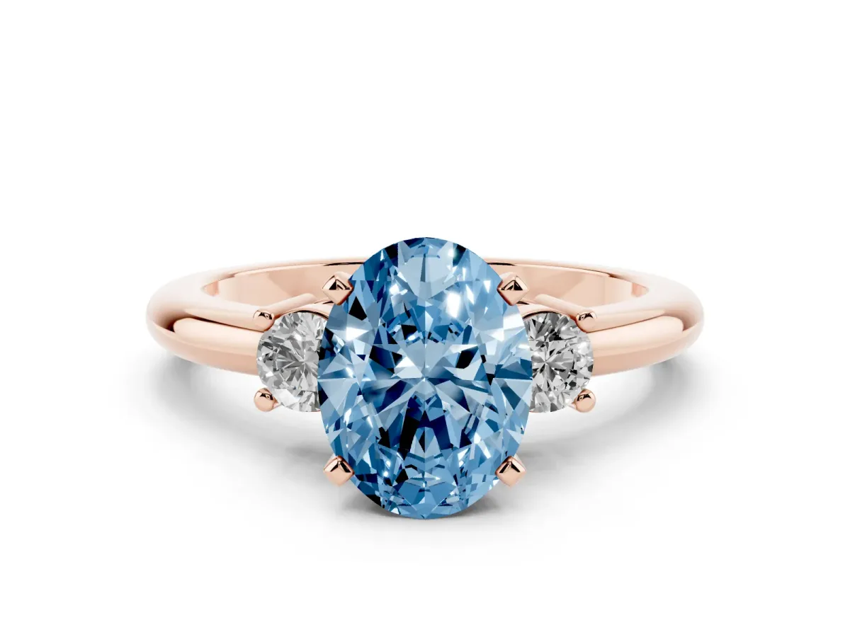 Fancy Blue Three-Stone Oval Cut Cut Diamond Solitaire with Prong Setting and Classic Band Rose gold