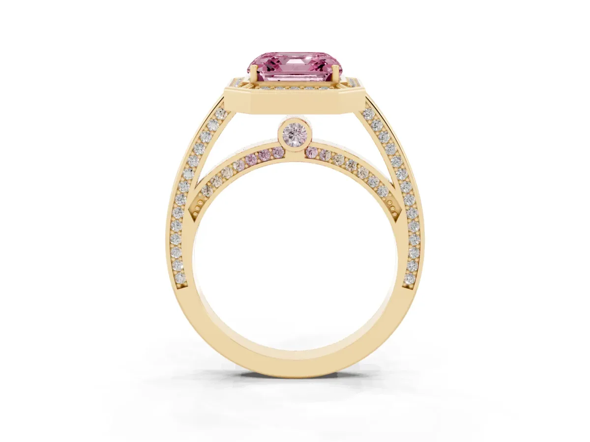 Fancy Pink Asscher Cut Cut Halo Pave Split Shank Prong Setting Ring Yellow gold