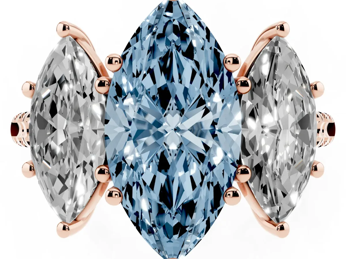 Fancy Blue Three-Stone Marquise Cut Diamond Ring with Round Pavé Band and Prong Setting Rose gold