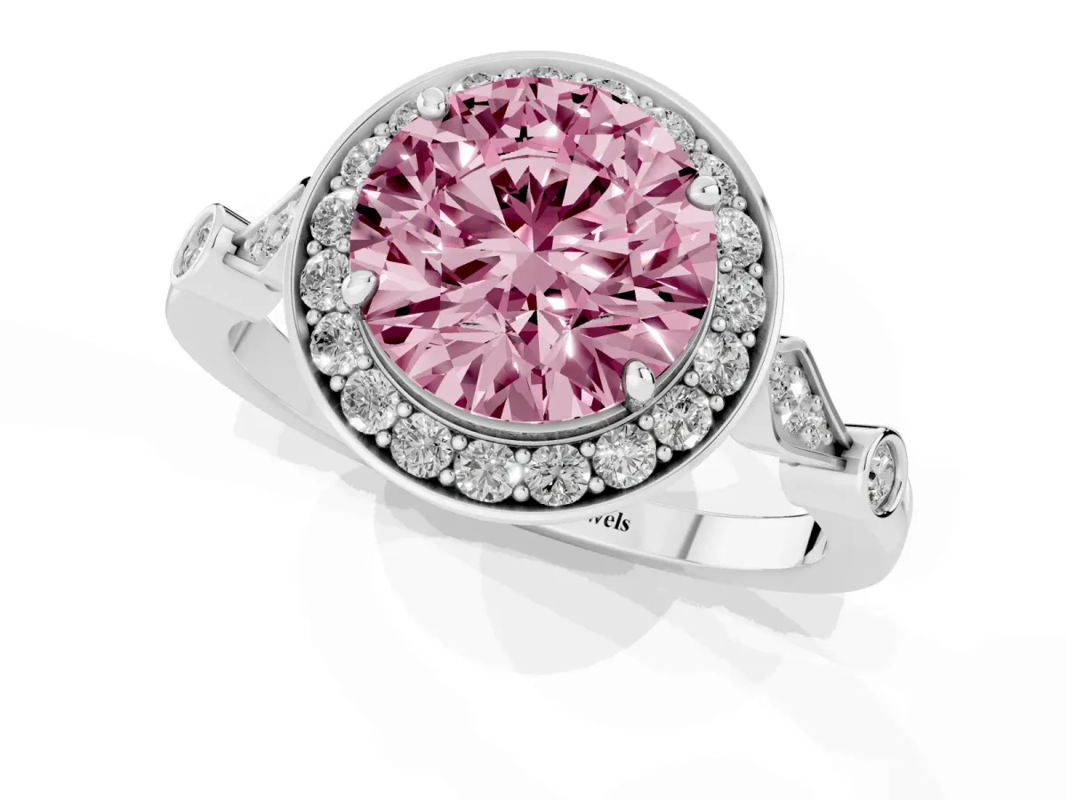 Fancy Pink Round Cut Halo Diamond Engagement Ring with Twisted Band and Four-Prong Setting Platinum