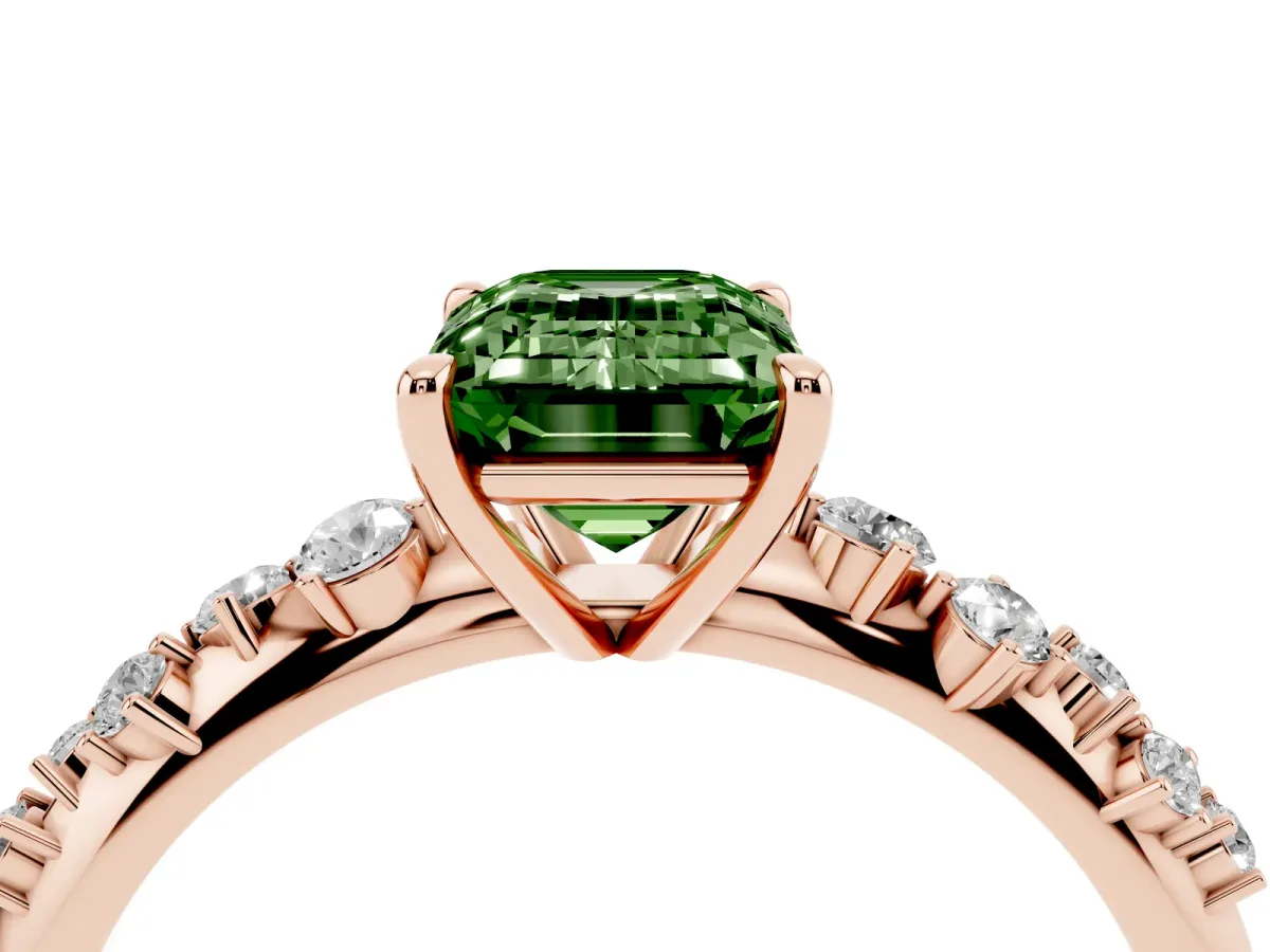 Fancy Green Emerald Cut Diamond Cluster Side Stone Solitaire Ring with Prong Setting Rose gold