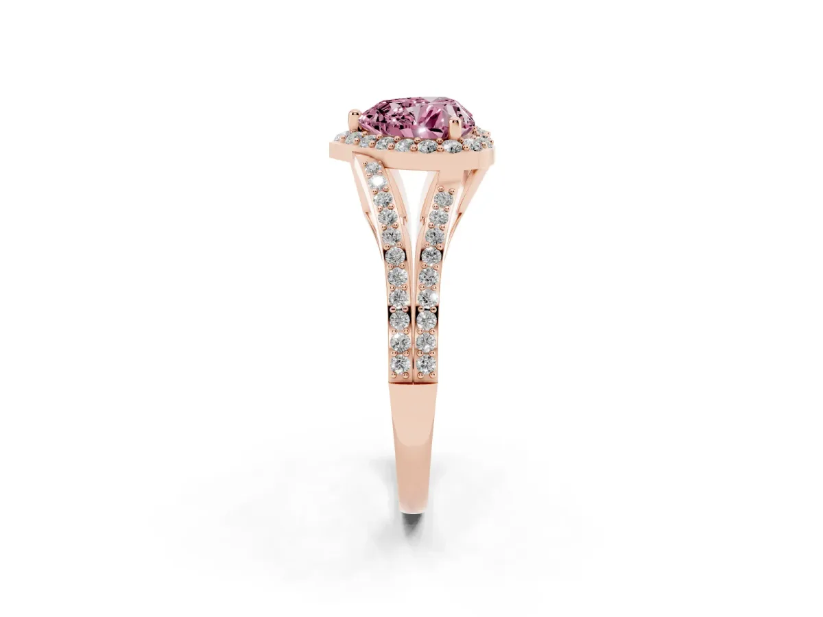 Fancy Pink Heart Cut Halo Split Shank Diamond Ring with Prong Setting Rose gold