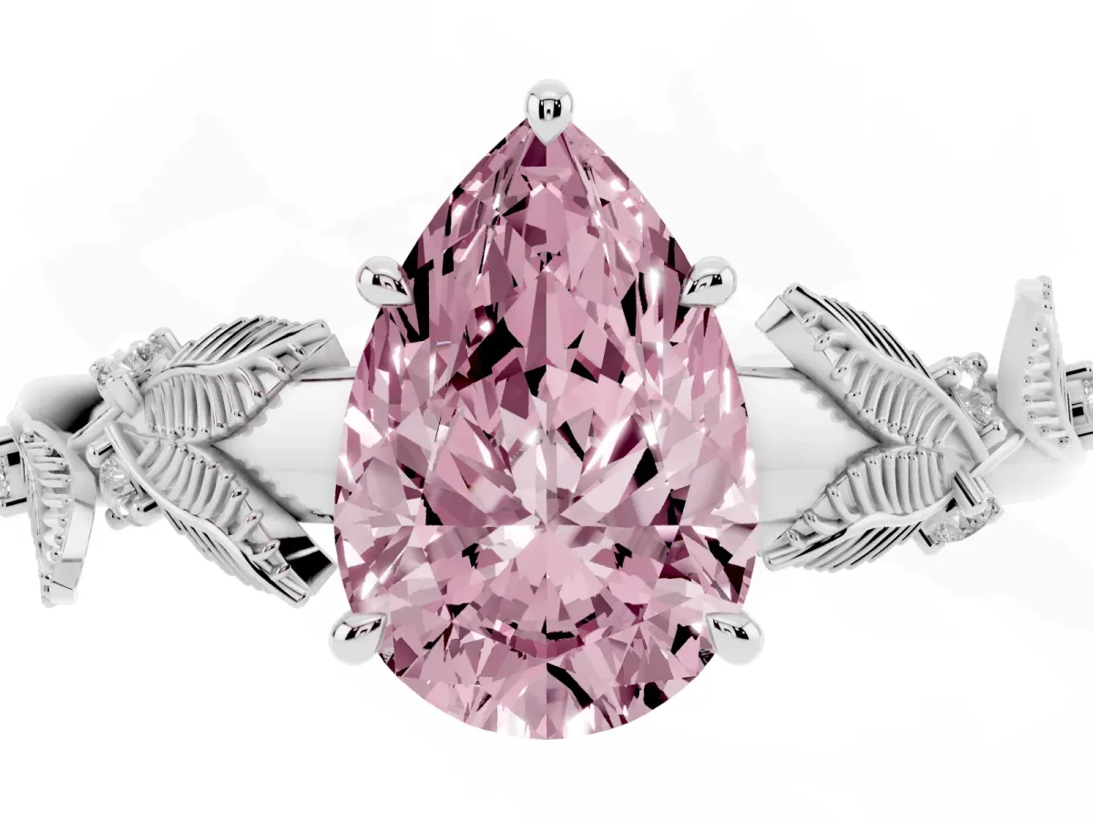 Fancy Pink Pear Cut Diamond Solitaire Ring with Leaf Motif Band and Four-Prong Setting Silver