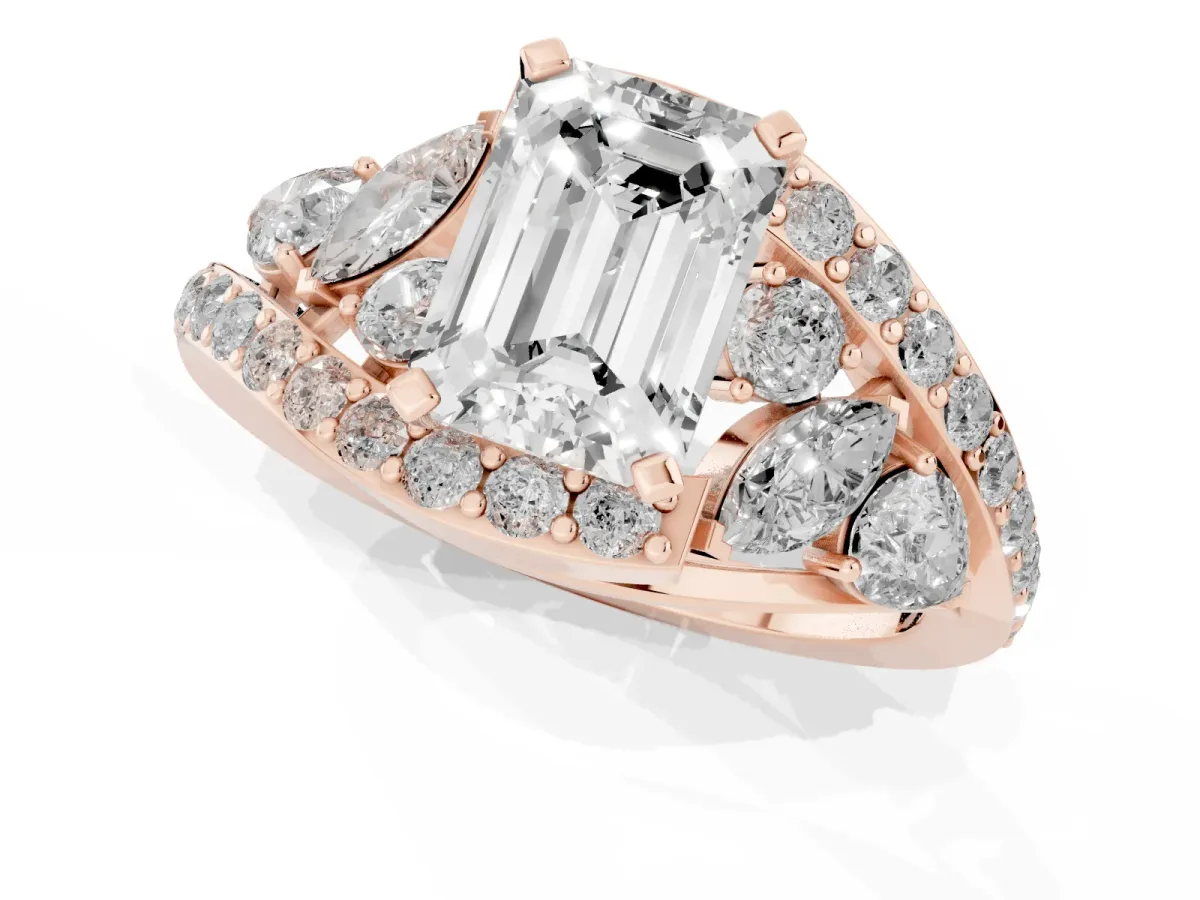 Emerald Cut Diamond Halo Ring with Marquise and Pavé Band in Prong Setting Rose gold