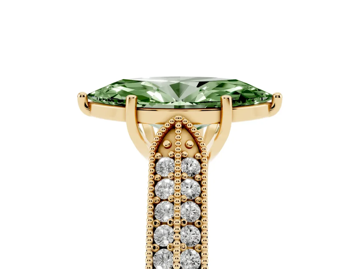 Fancy Green Marquise Cut Cut Pave Split Shank Engagement Ring with Four-Prong Setting Yellow gold