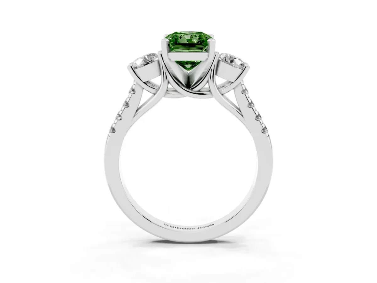 Fancy Green Three-Stone Radiant Cut Diamond Pavé Band with Four-Prong Setting Silver