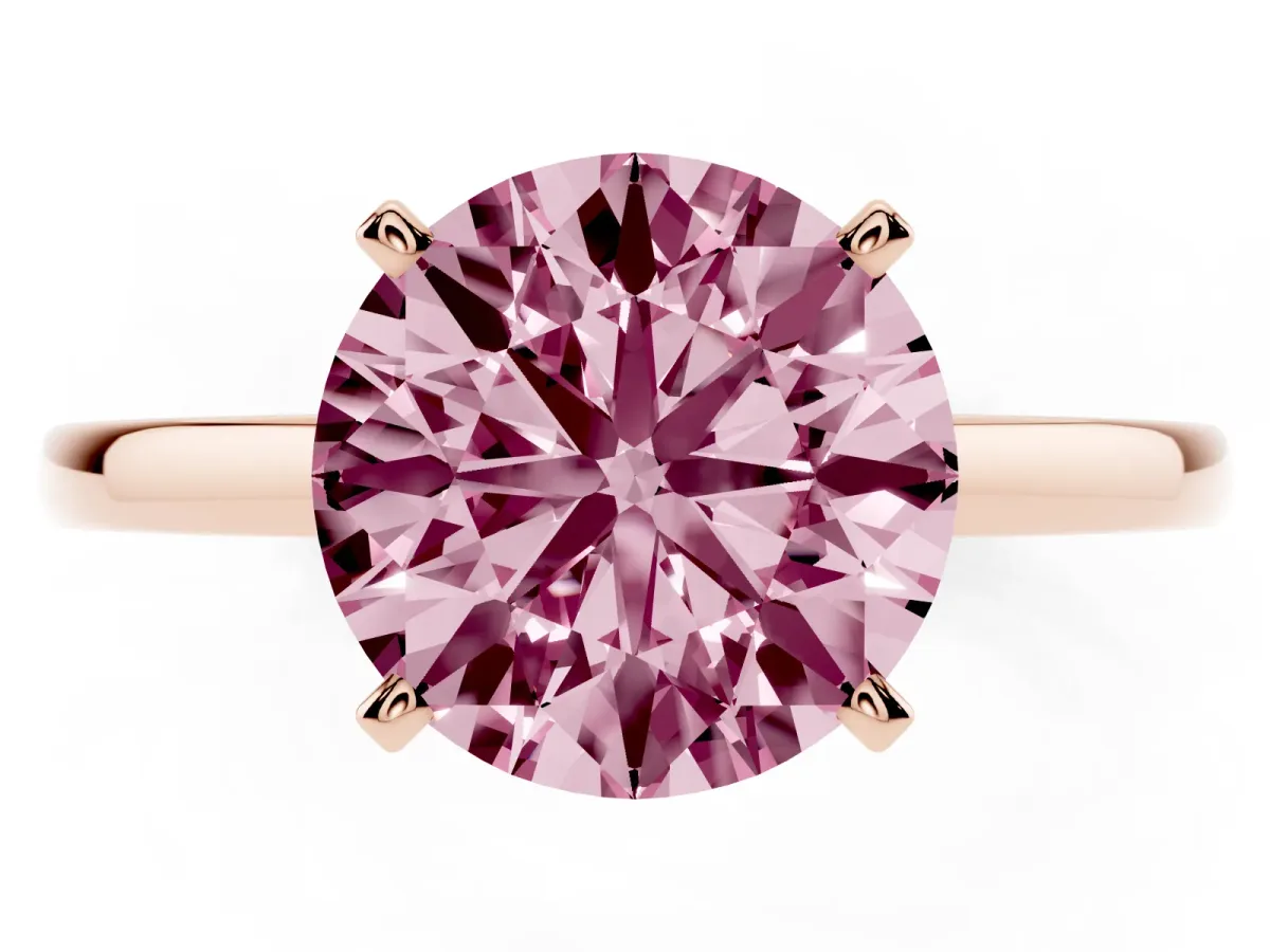 Fancy Pink Round Cut Solitaire Diamond Engagement Ring with Four-Prong Setting on a Classic Band Rose gold