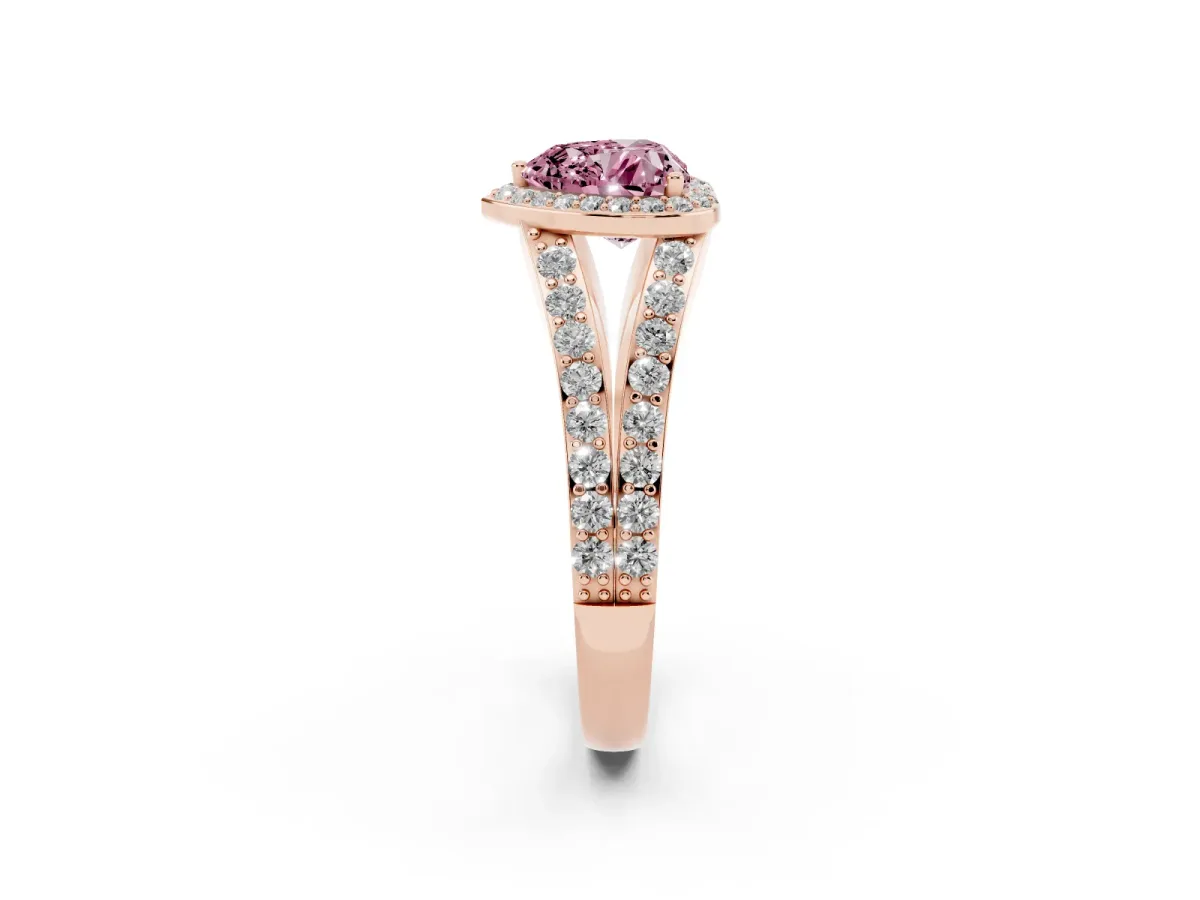 Fancy Pink Heart Cut Diamond Split Shank Halo Ring with Four-Prong Setting Rose gold