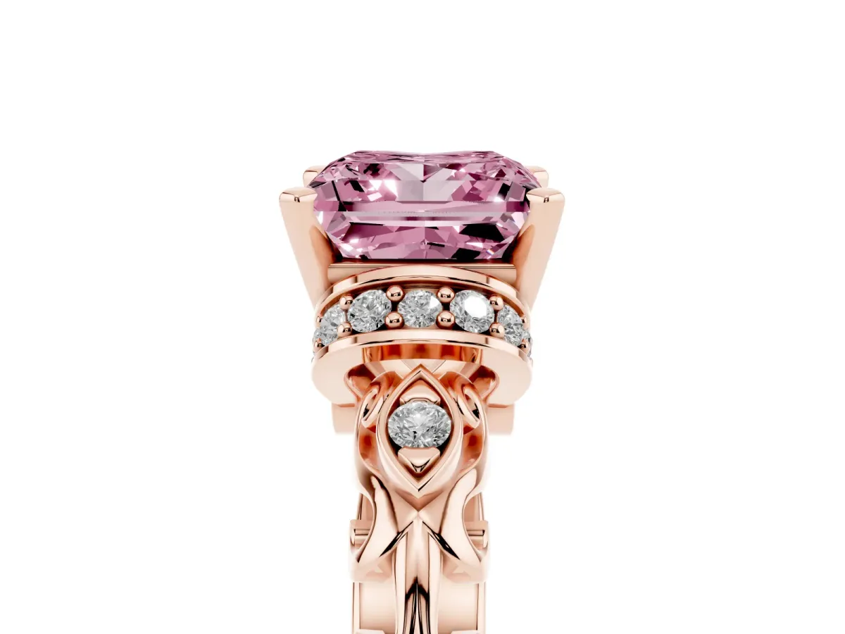 Fancy Pink Princess Cut Diamond Solitaire Ring with Filigree Band and Four-Prong Setting Rose gold