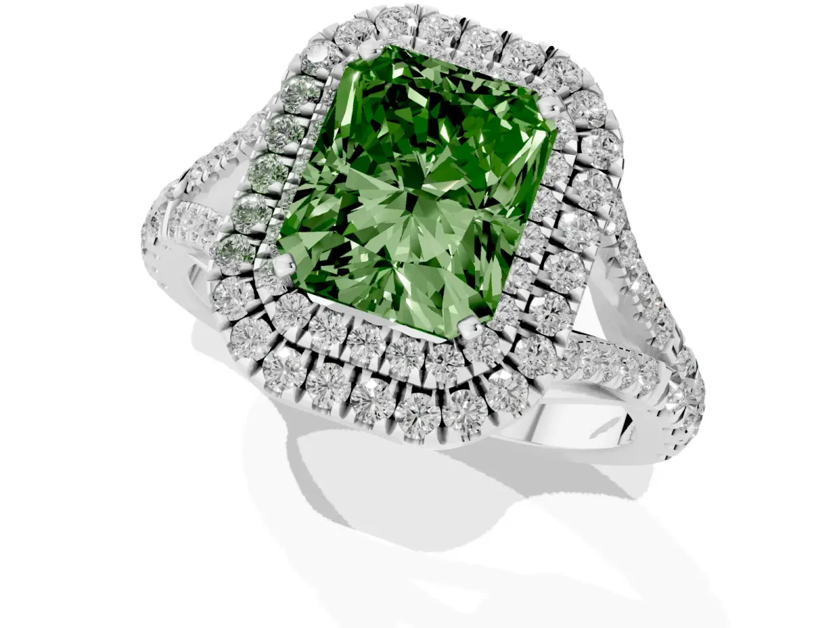 Fancy Green Radiant Cut Diamond Pavé Split Shank Double Halo Engagement Ring Silver
