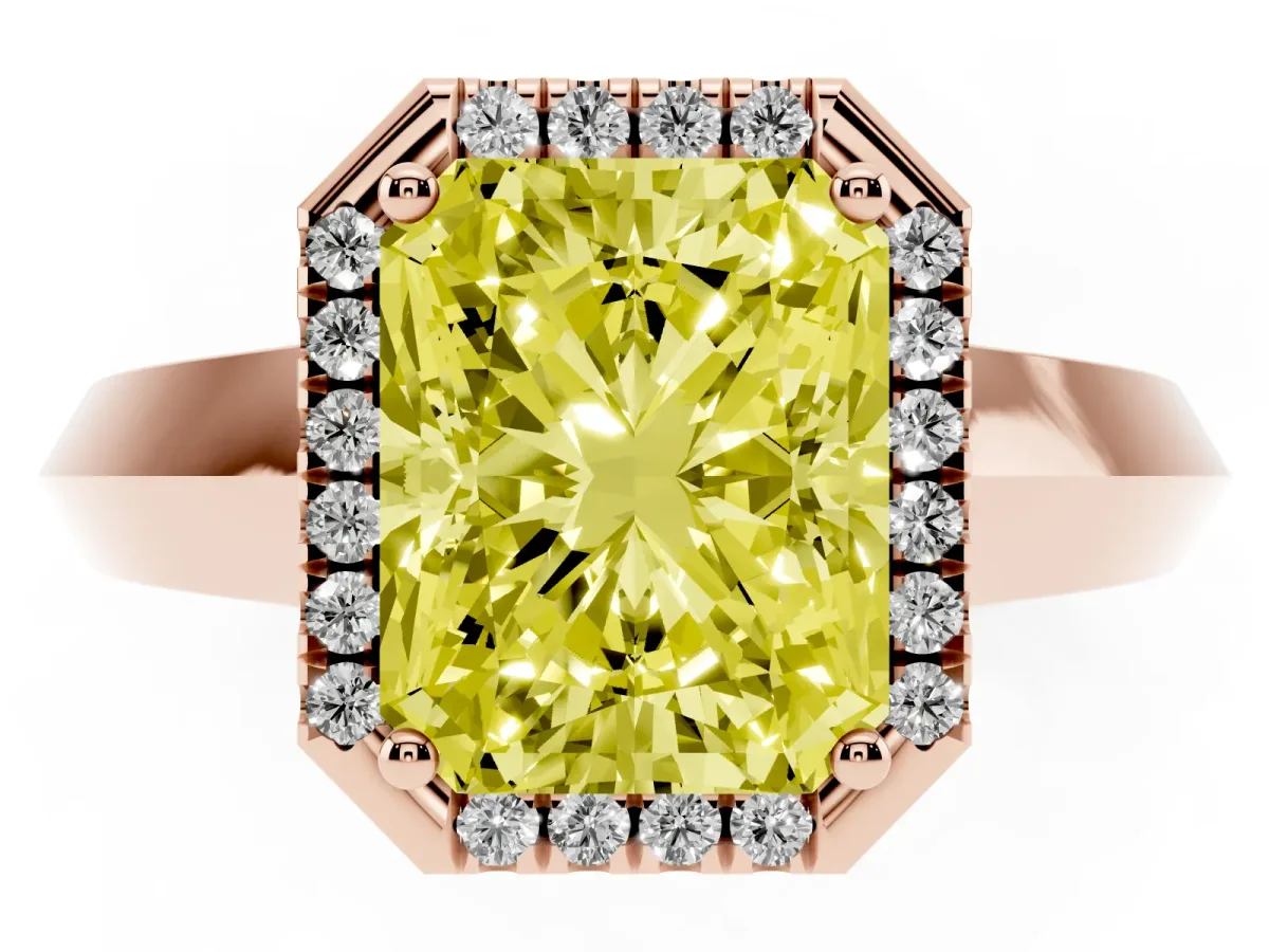 Fancy Yellow Radiant Cut Halo Diamond Ring with Cathedral Band and Four-Prong Setting Rose gold