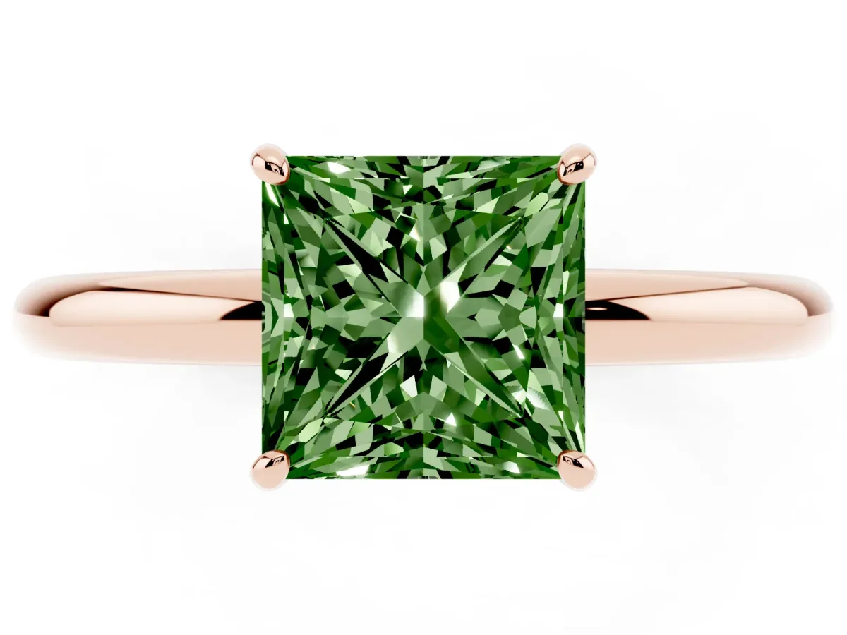 Fancy Green Princess Cut Solitaire Diamond Ring with Four-Prong Setting on a Plain Band Rose gold
