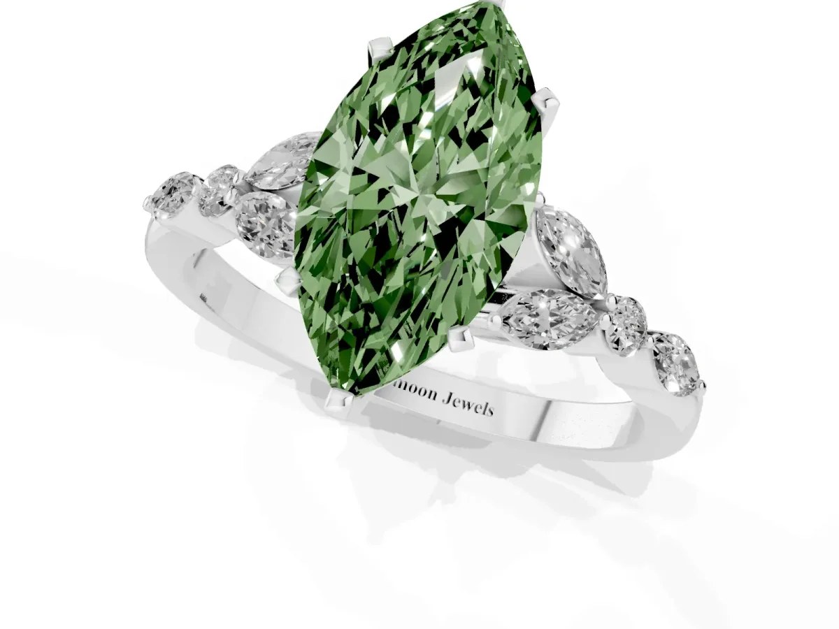 Fancy Green Marquise Cut Diamond Solitaire Ring with Side Stones and Four-Prong Setting Silver