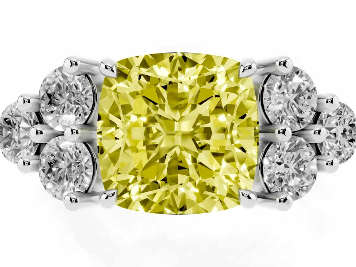 Fancy Yellow Cushion Cut Brilliant Diamond Cluster Accent Solitaire Ring with Prong Setting Silver