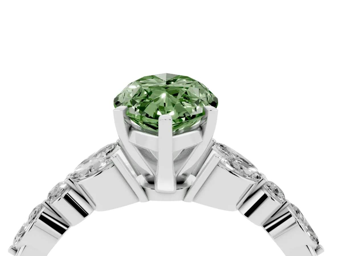 Fancy Green Marquise Cut Diamond Solitaire Ring with Side Stones and Four-Prong Setting Silver