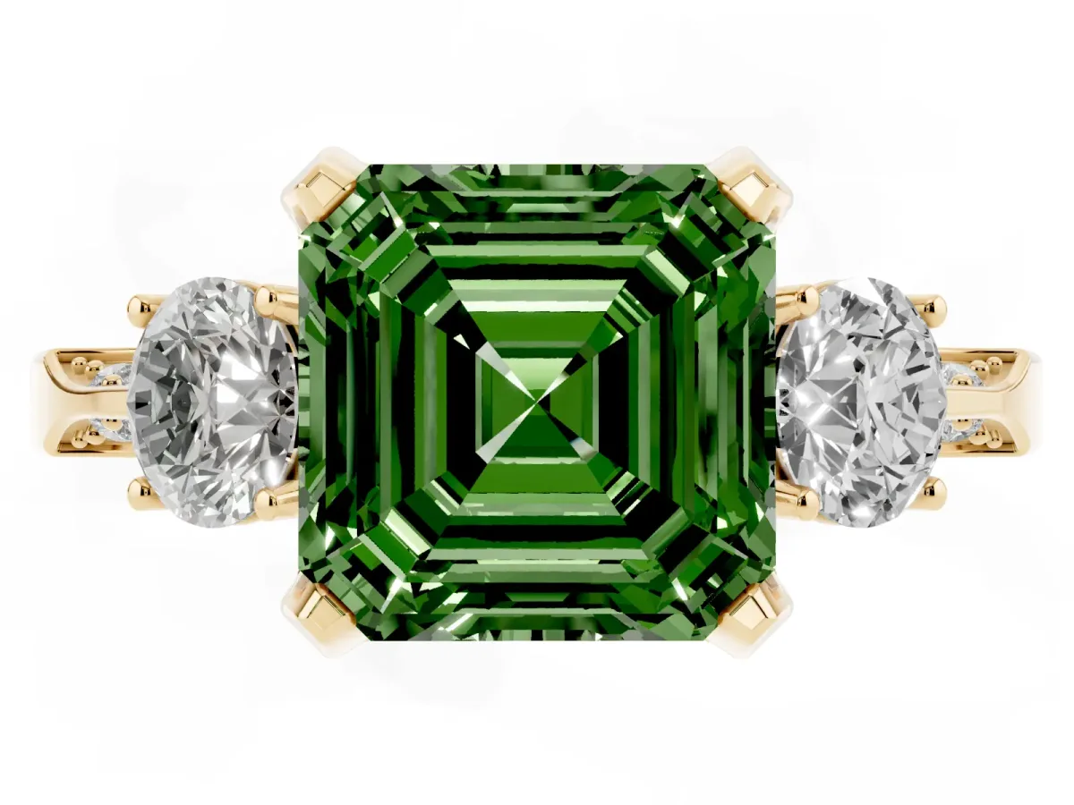 Fancy Green Asscher Cut Brilliant Three-Stone Diamond Ring with Pavé Band and Four-Prong Setting Yellow gold