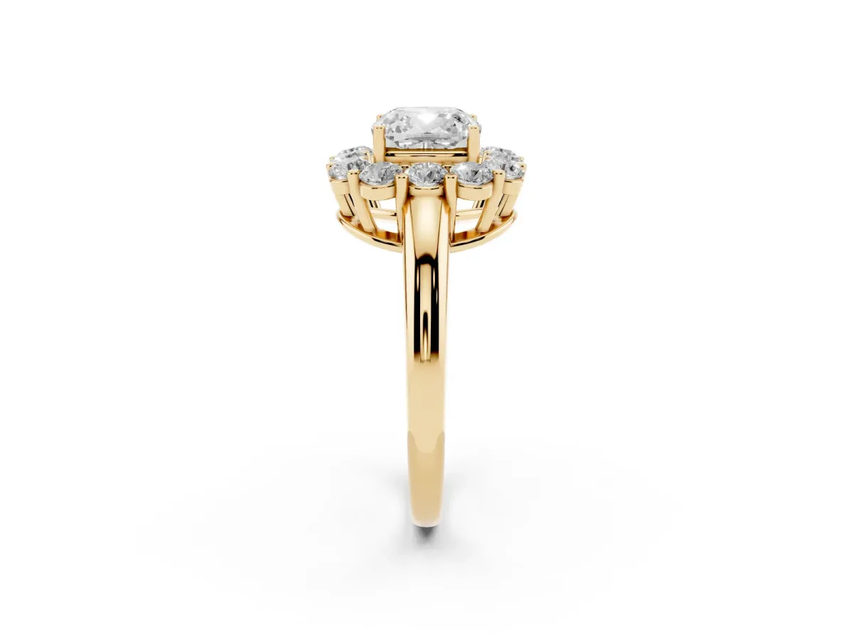 Cushion Cut Halo Cluster Diamond Engagement Ring with Prong Setting and Polished Band Yellow gold