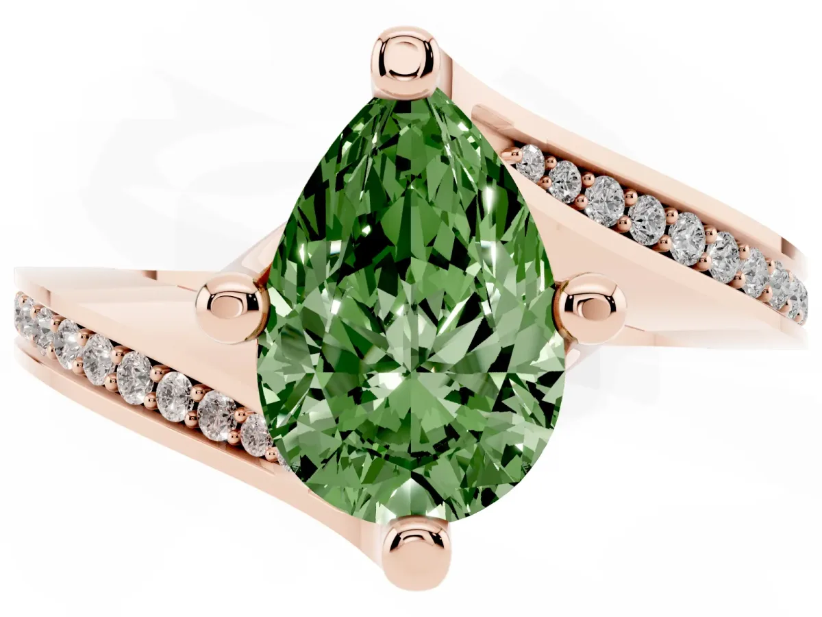 Fancy Green Pear Cut Solitaire Diamond Twist Band with Pavé Setting and Four-Prong Setting Rose gold
