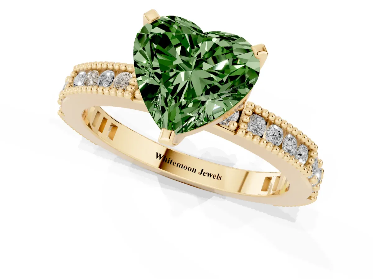 Fancy Green Heart Cut Solitaire with Pavé Band and Four-Prong Setting Yellow gold