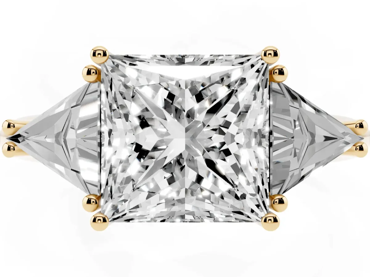 Three-Stone Princess Cut Diamond Engagement Ring with Trillion Side Stones and Prong Setting Yellow gold
