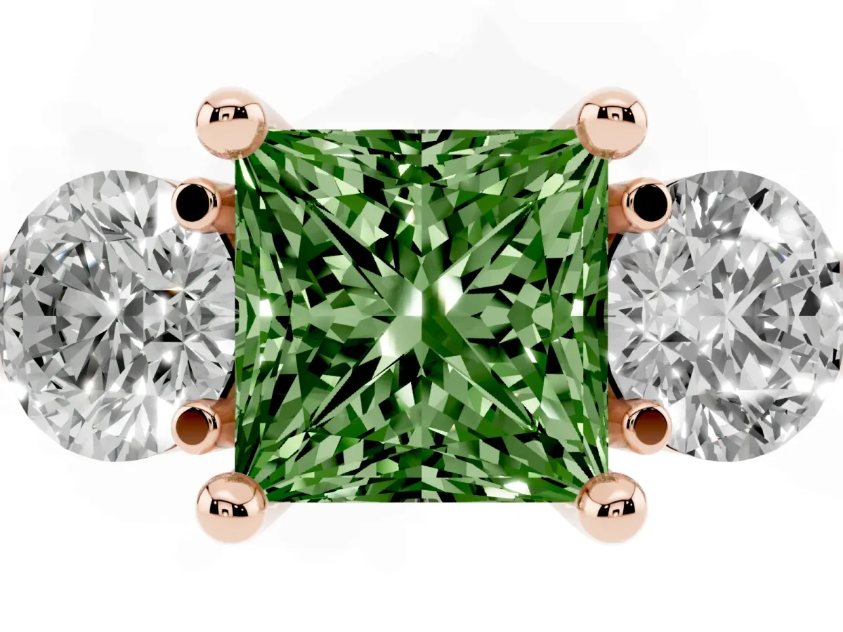 Fancy Green Three-Stone Princess Cut Brilliant Cut Solitaire Ring with Prong Setting on a Classic Band Rose gold