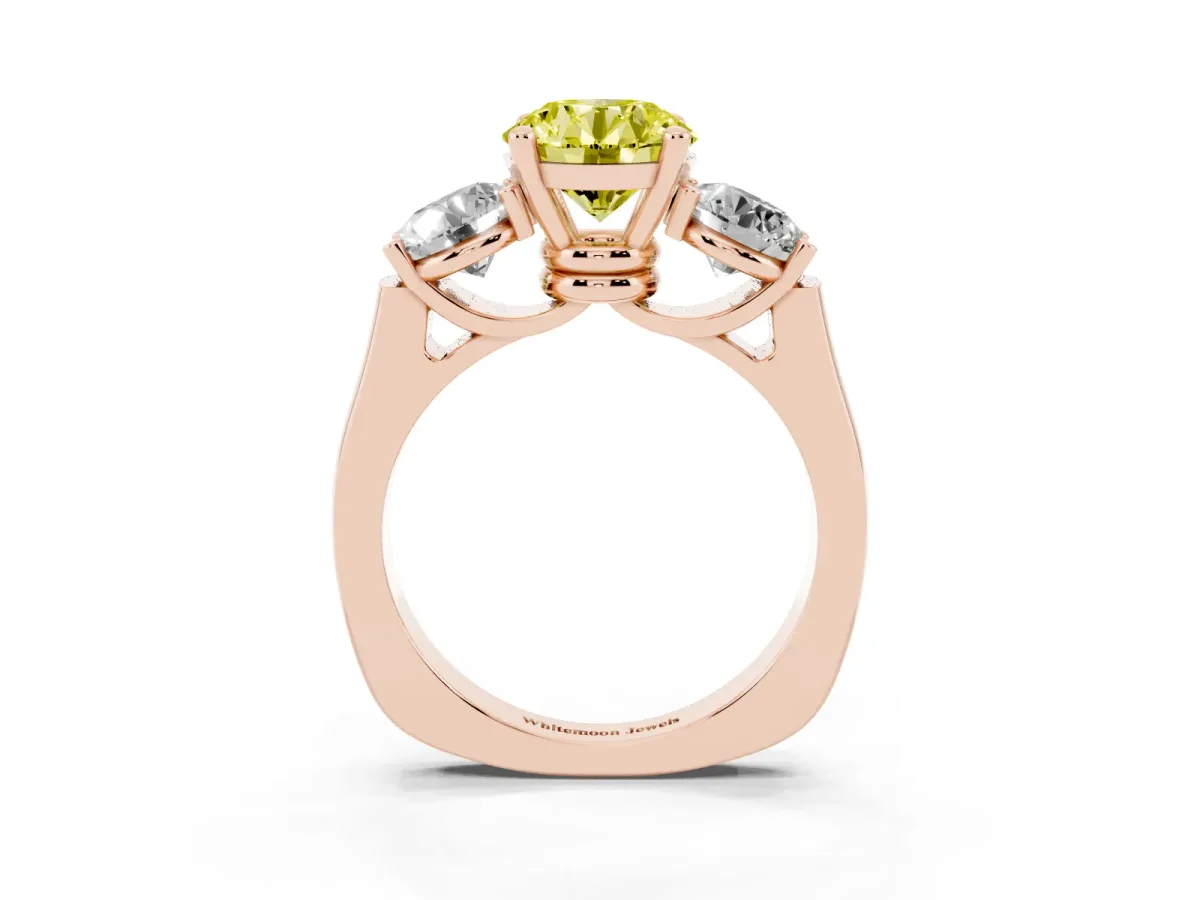 Fancy Yellow Three-Stone Round Cut Brilliant Diamond Trellis Ring with Comfort Fit Band Rose gold