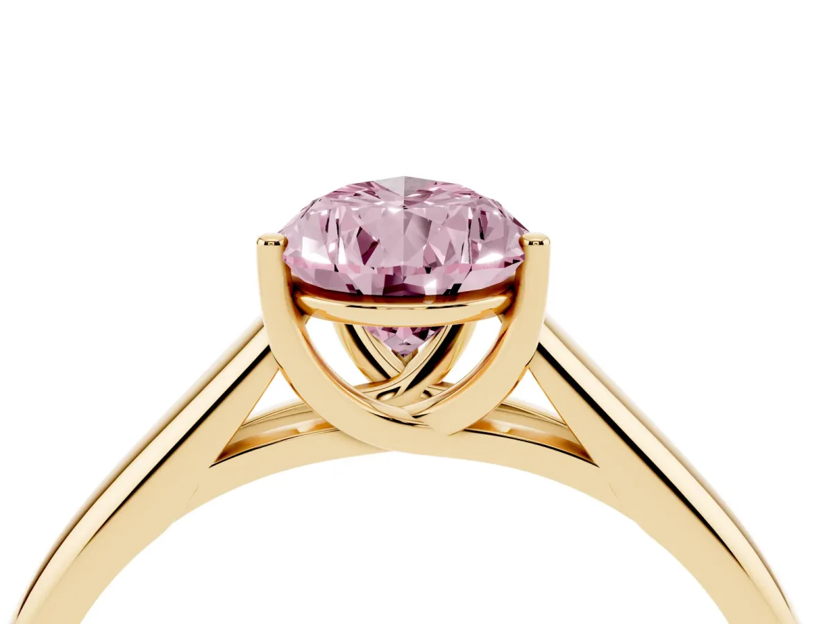 Fancy Pink Pear Cut Solitaire Engagement Ring with Tapered Band and Four-Prong Setting Yellow gold