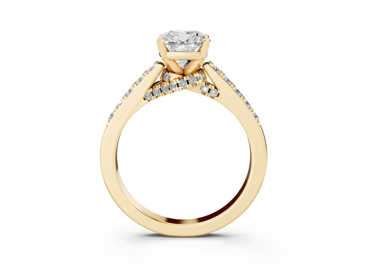 Cushion Cut Diamond Solitaire Ring with Crossover Gallery and Round Pavé Band Yellow gold