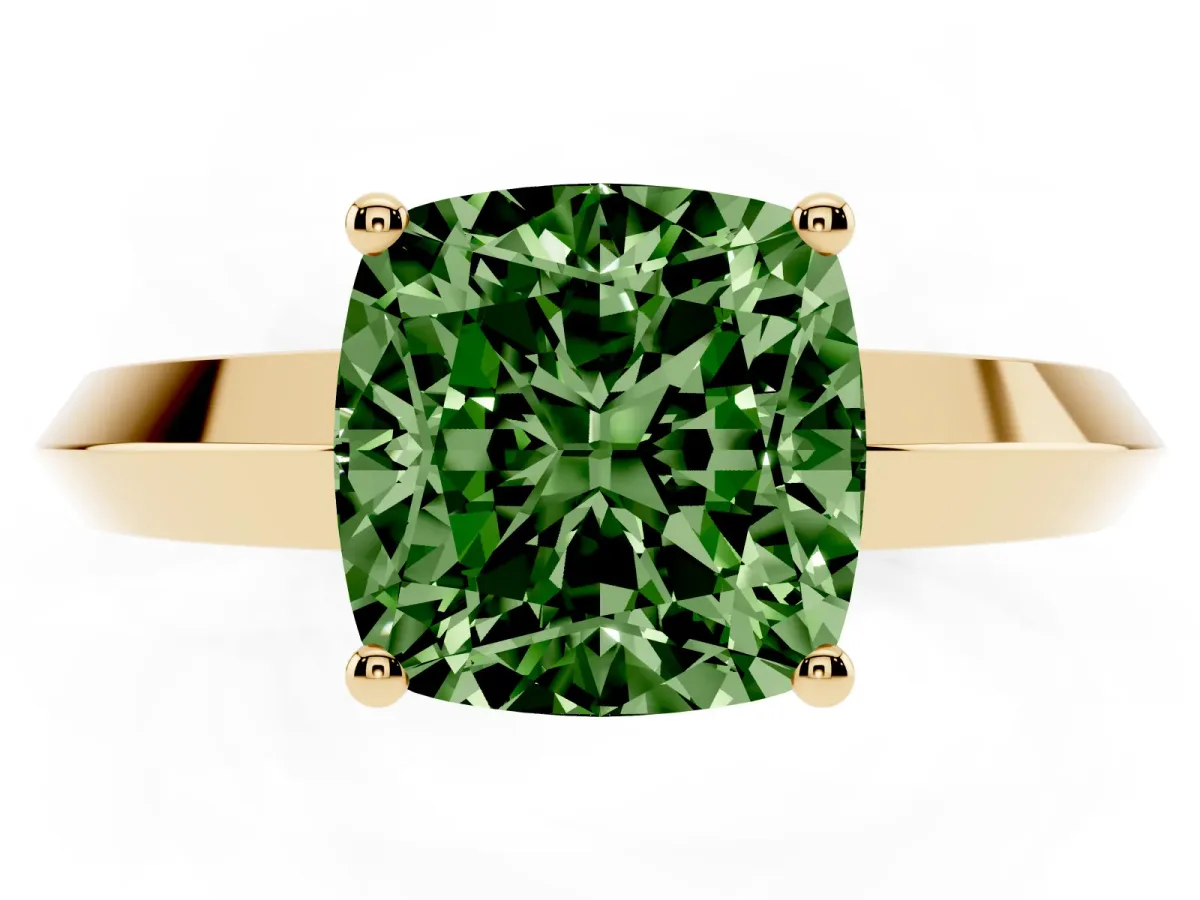 Fancy Green Cushion Cut Cut Solitaire Engagement Ring with Flat Band and Four-Prong Setting Yellow gold
