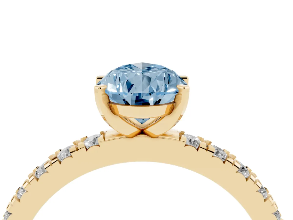 Fancy Blue Pear Cut Diamond Pavé Band Solitaire with Four-Prong Setting Yellow gold