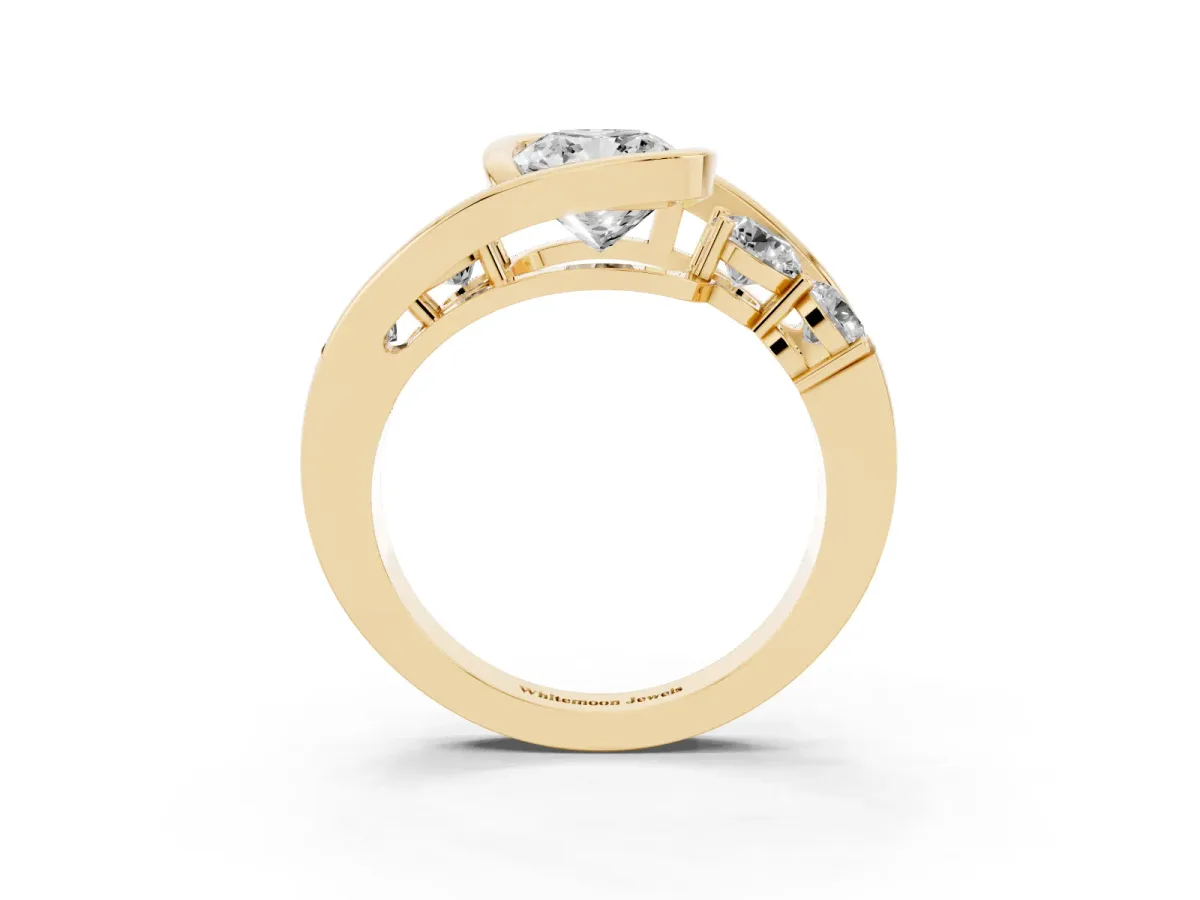 Bezel Set Cushion Cut Diamond Bypass Ring with Round Accents Yellow gold