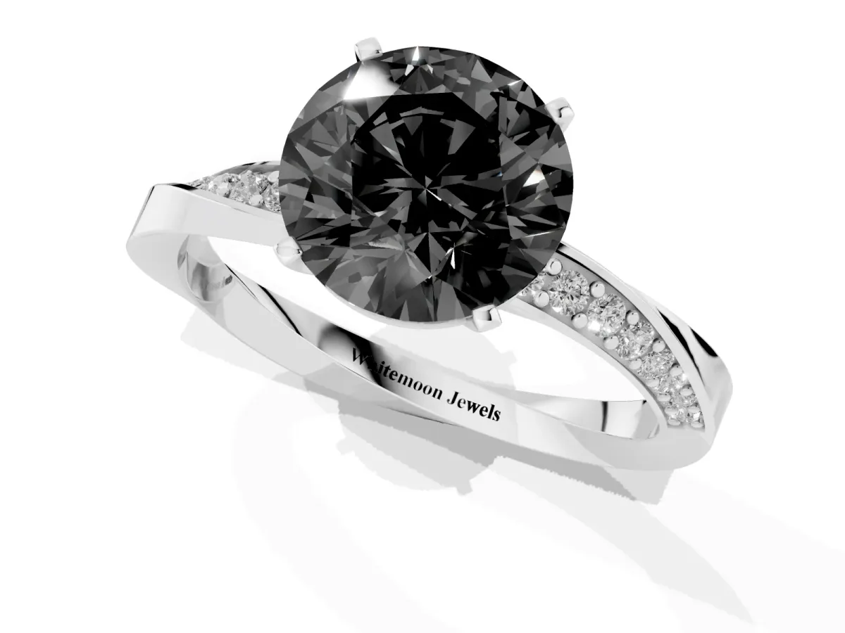 Fancy Black Round Cut Diamond Engagement Ring with Side Stone Accents and Four-Prong Setting Silver