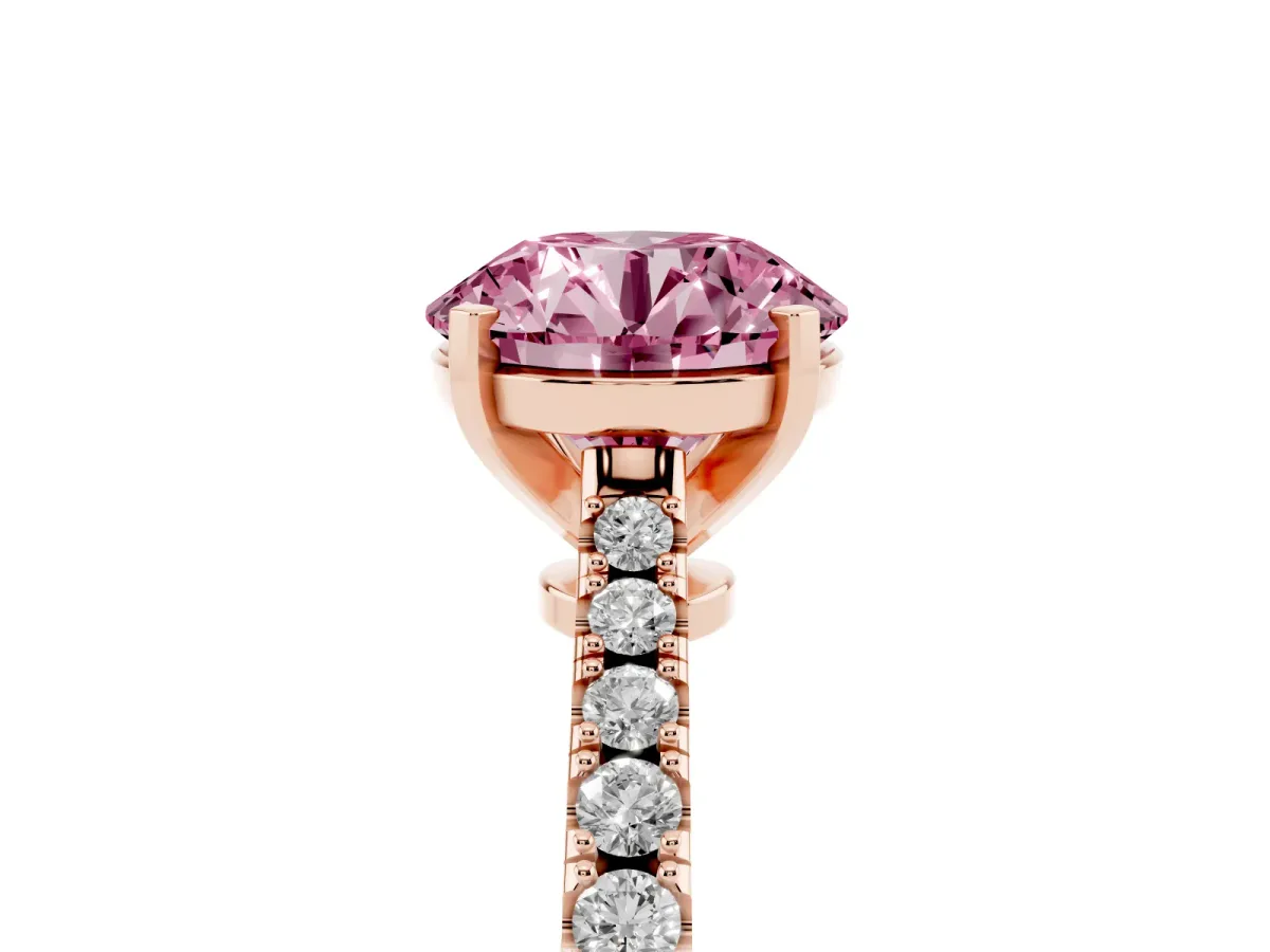 Fancy Pink Round Cut Cut Solitaire Diamond Engagement Ring with Pave Band and Four-Prong Setting Rose gold