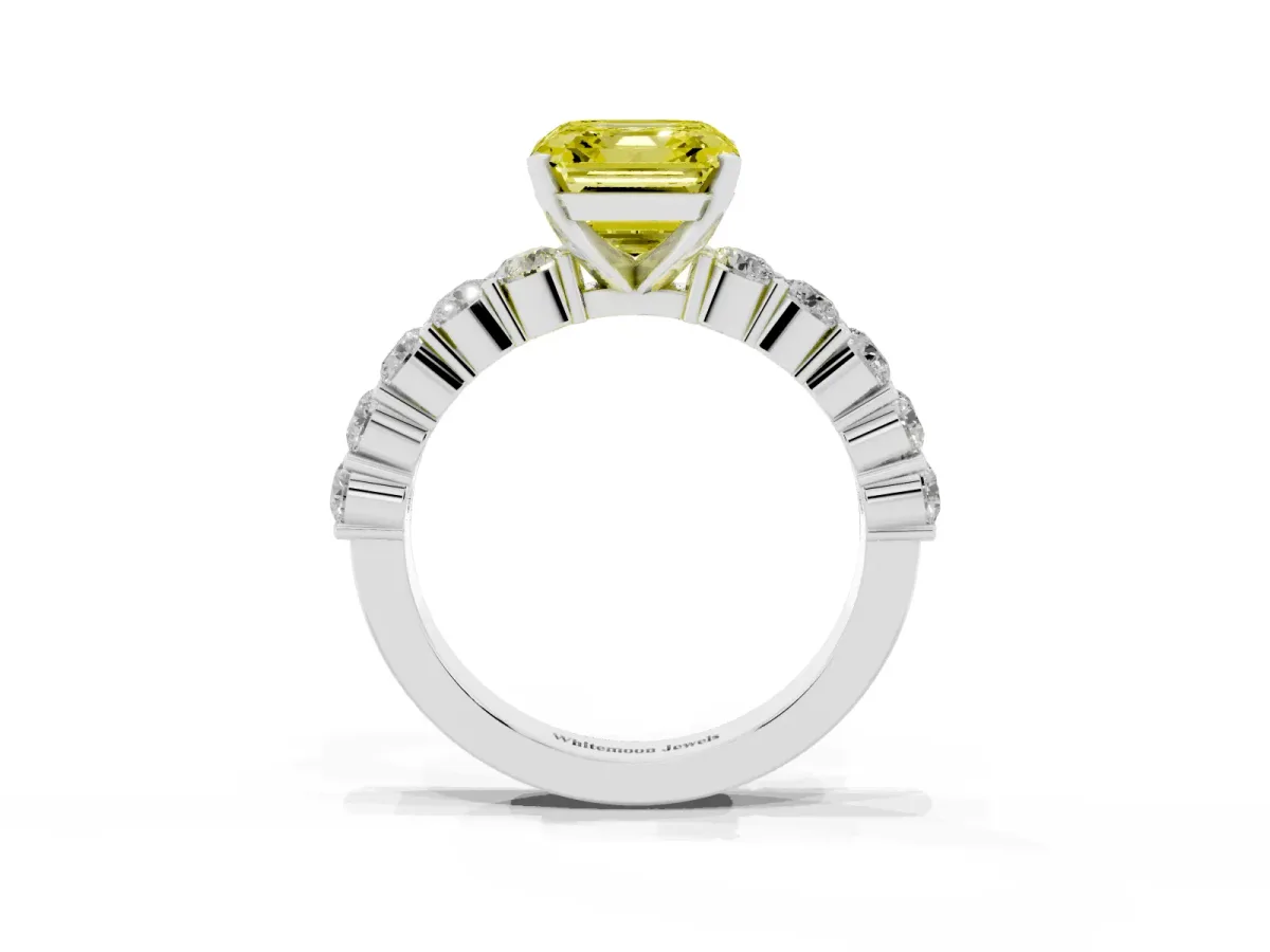 Fancy Yellow Asscher Cut Diamond Solitaire Ring with Shared Prong Round Side Stones White gold