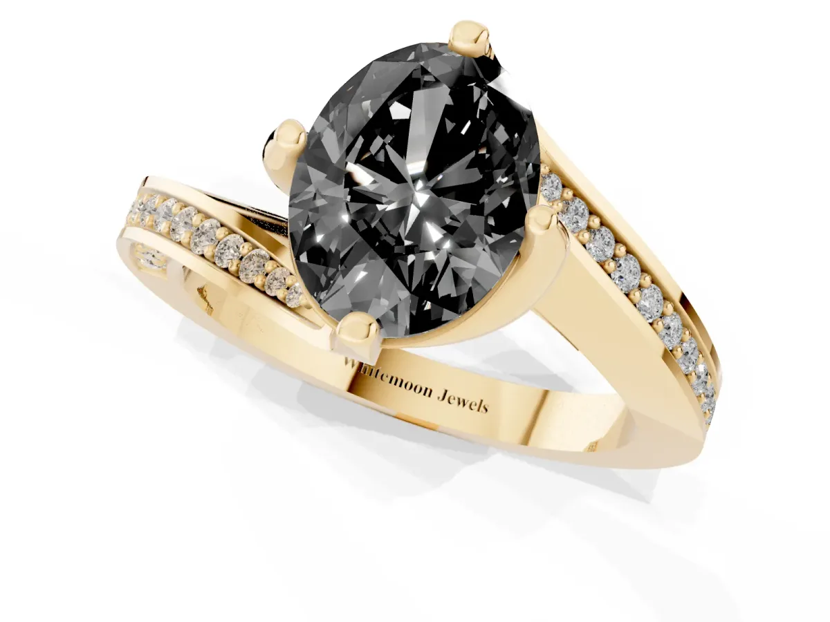 Fancy Black Oval Cut Solitaire Diamond Twist Band with Pavé Setting and Four-Prong Setting Yellow gold