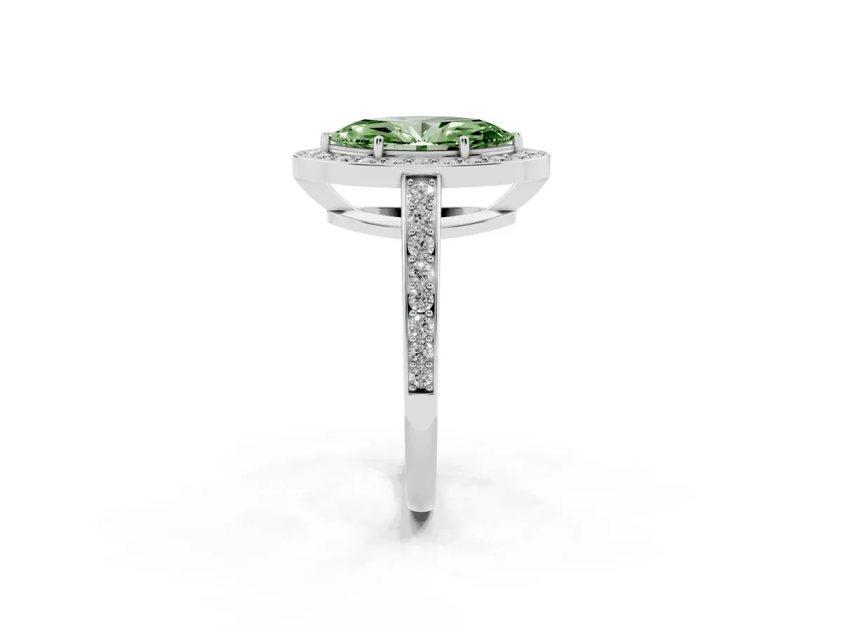 Fancy Green Marquise Cut Halo Pavé Diamond Engagement Ring with Bezel Setting Platinum