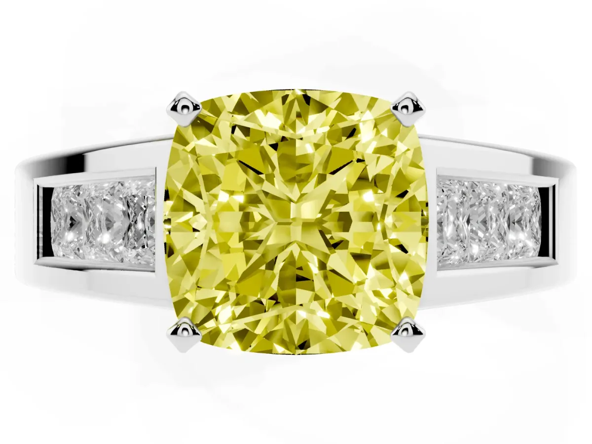 Fancy Yellow Cushion Cut Cut Channel Set Solitaire Ring with Four-Prong Setting Platinum
