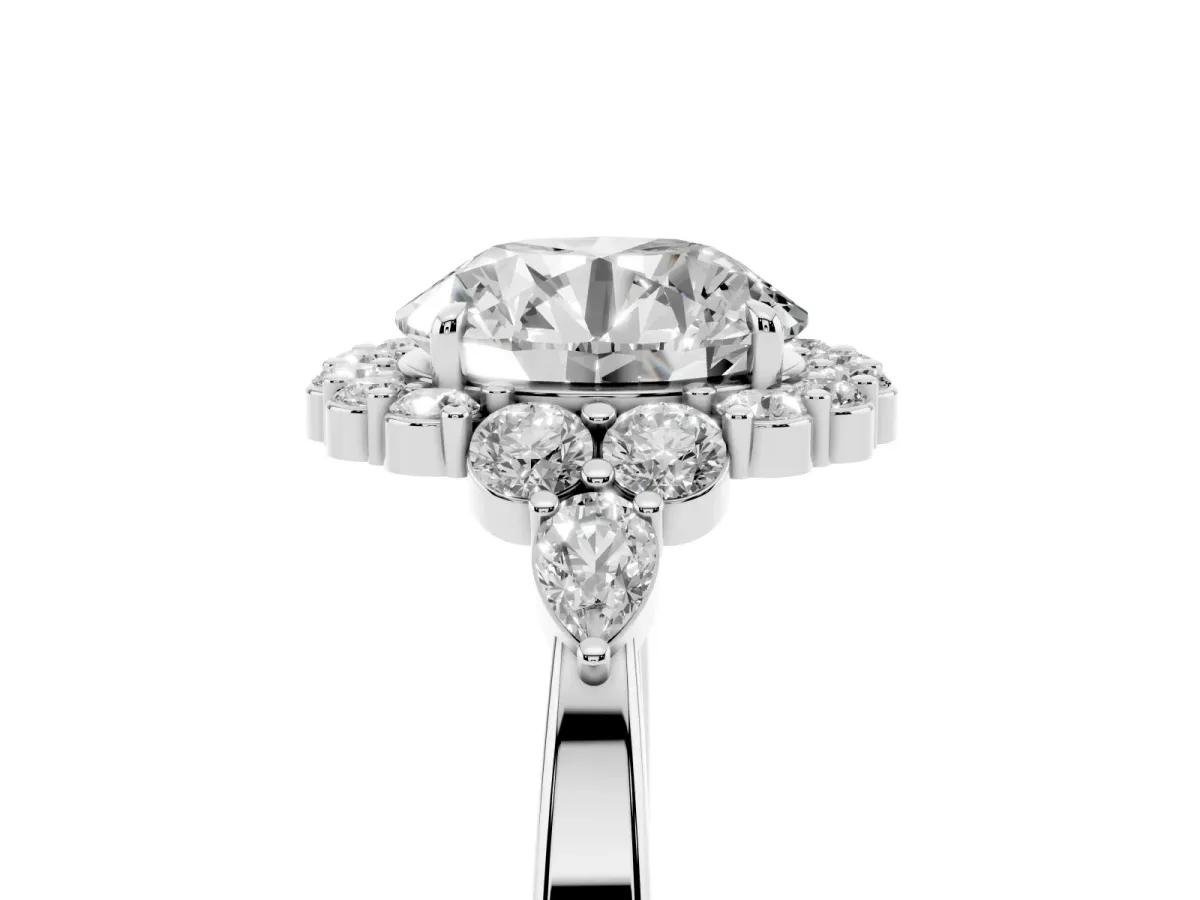 Round Cut Diamond Halo Ring with Pear Side Stones and Prong Setting Platinum