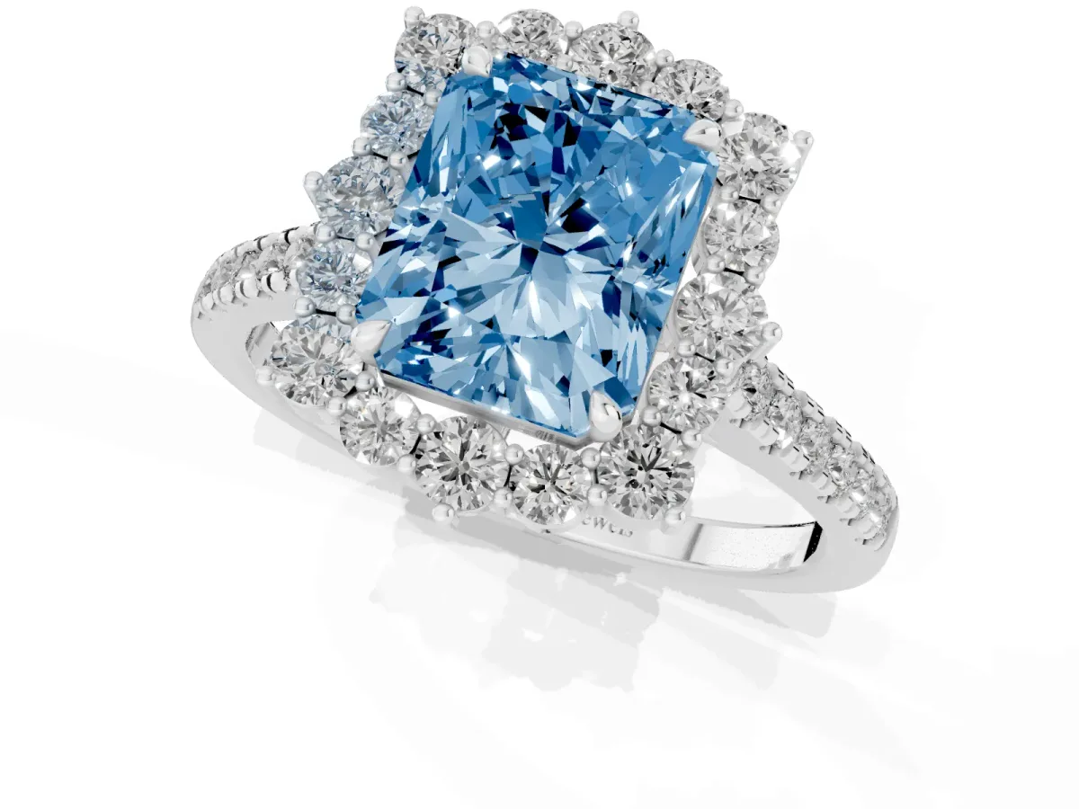 Fancy Blue Radiant Cut Halo Diamond Ring with Pavé Band and Prong Setting Silver