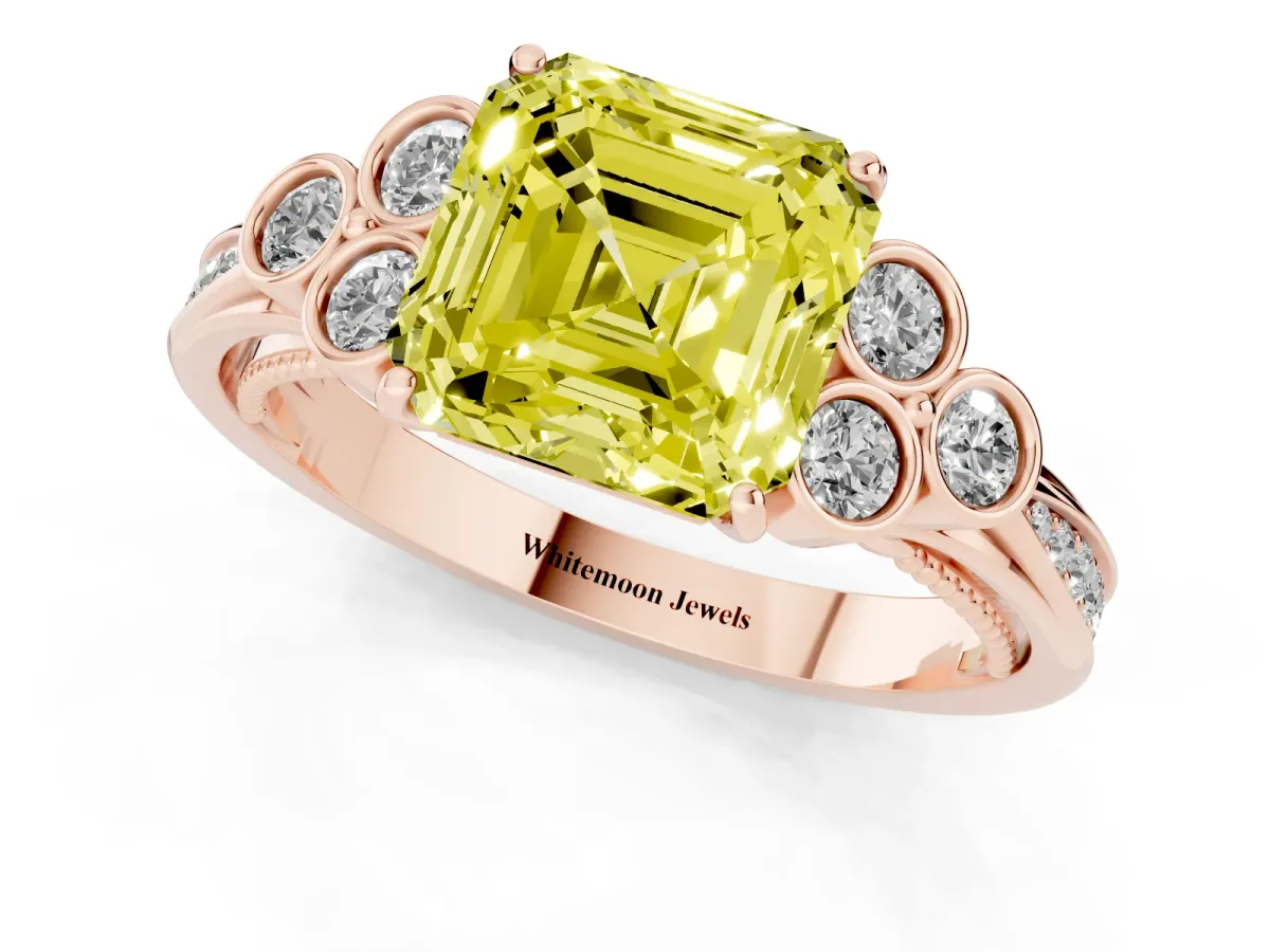 Fancy Yellow Asscher Cut Cut Diamond Engagement Ring with Bezel Set Round Side Stones and Prong Setting Rose gold