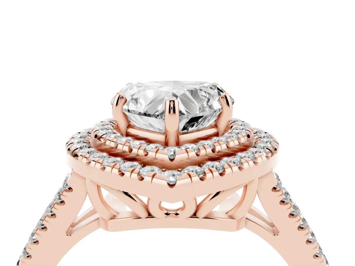 Heart Cut Diamond Double Halo Ring with Pavé Band and Prong Setting Rose gold