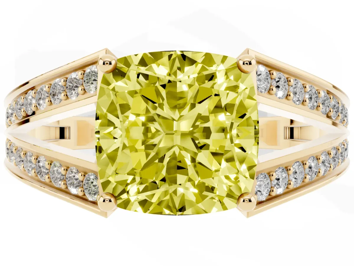 Fancy Yellow Cushion Cut Diamond Split Shank Ring with Pavé Band and Four-Prong Setting Yellow gold