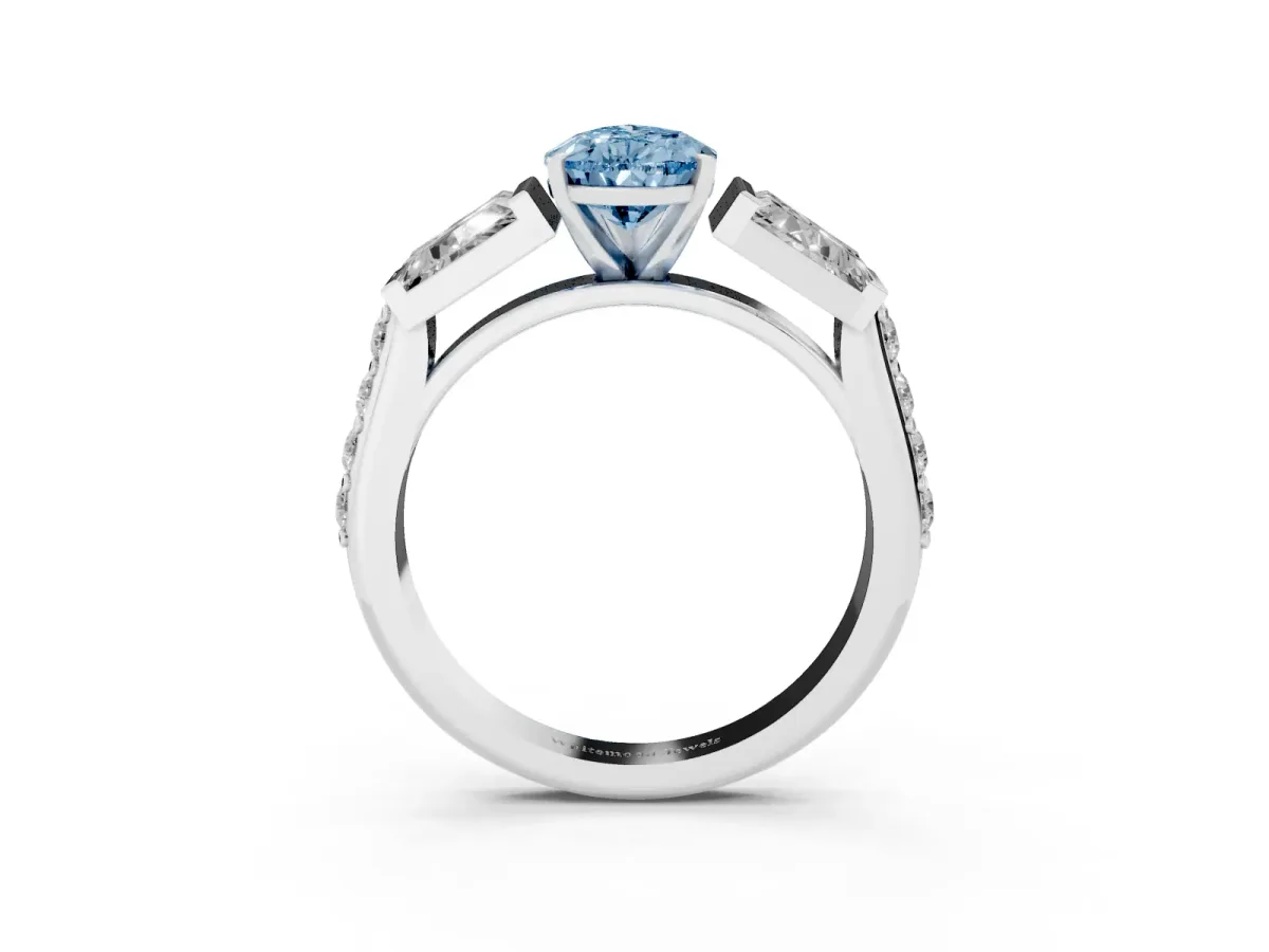 Fancy Blue Pear Cut Diamond Engagement Ring with Baguette Side Stones and Channel Set Band Platinum