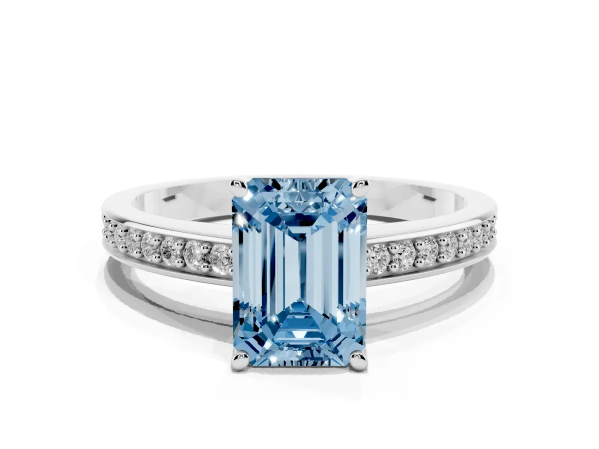 Fancy Blue Emerald Cut Solitaire Pavé Band Prong Setting Ring White gold