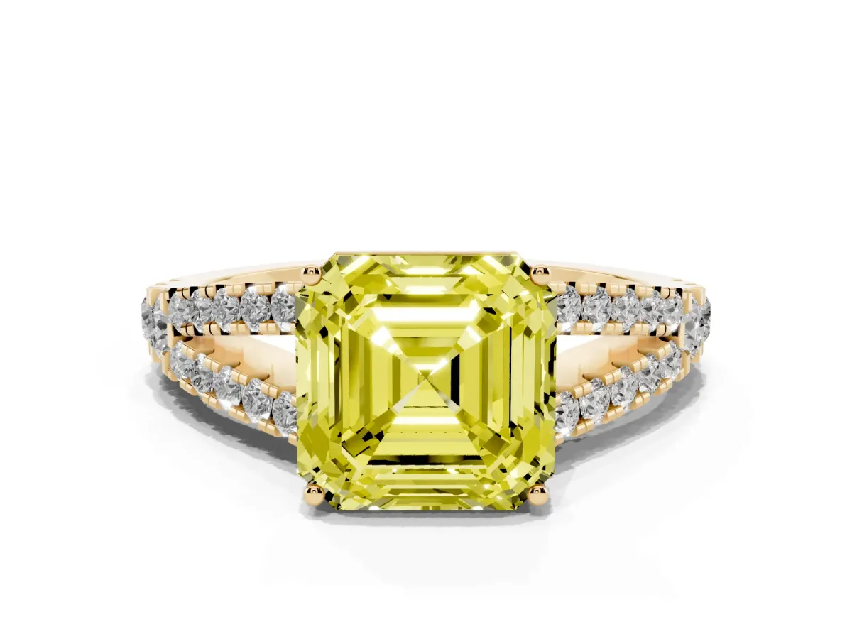 Fancy Yellow Asscher Cut Diamond Split Shank Engagement Ring with Round Pavé and Prong Setting Yellow gold