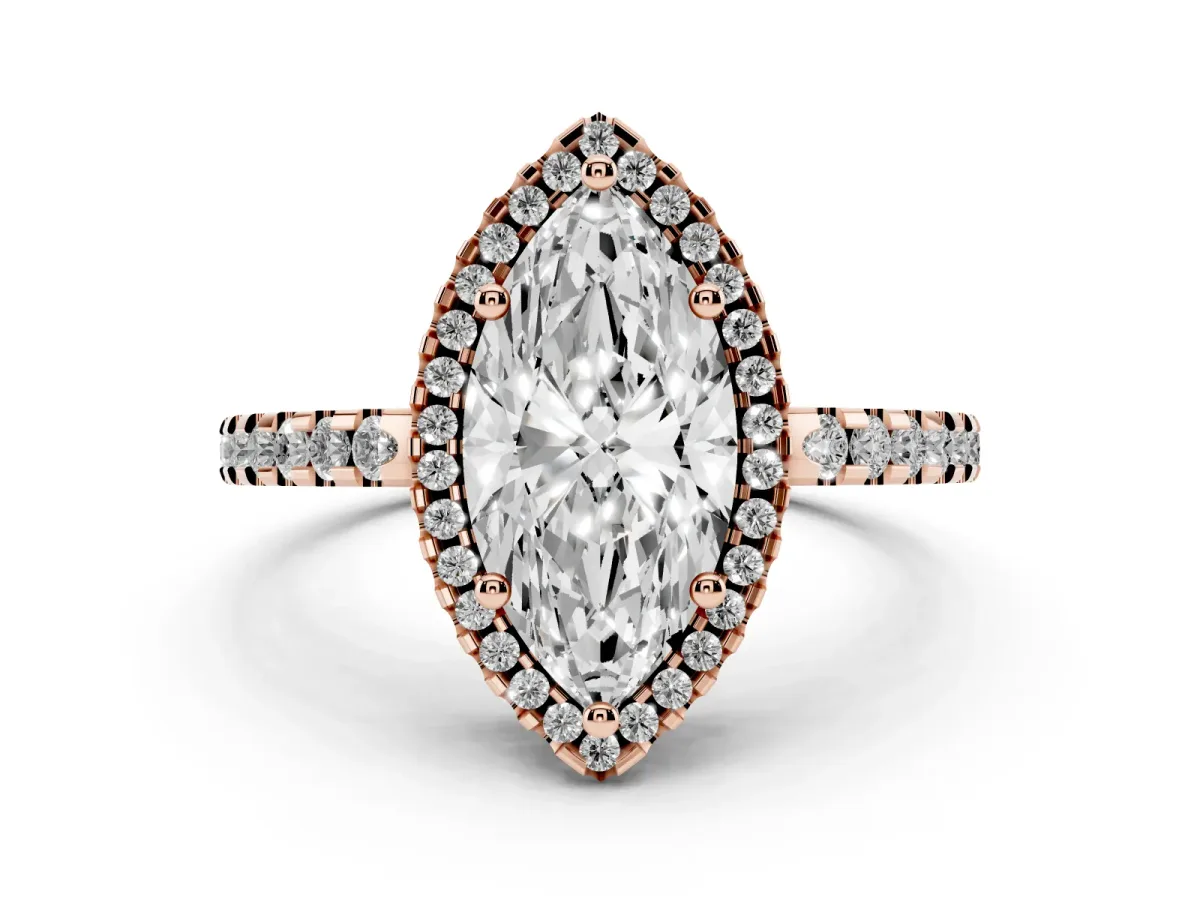 Marquise Cut Diamond Halo Engagement Ring with Pavé Band and Prong Setting Rose gold
